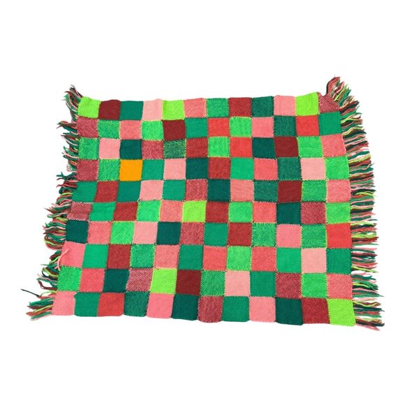Vintage Handwoven Wheelchair Checkered Wool Throw Blanket Patchwork Fringe READ - Picture 2 of 5